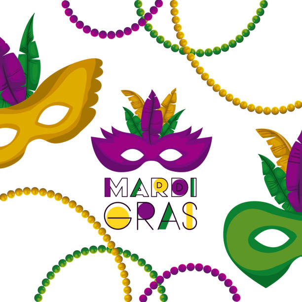 illustrations, cliparts, dessins animés et icônes de mardi gras affiche avec plusieurs masque de carnaval avec plumes colorées et des colliers sur fond blanc - mardi gras backgrounds bead purple