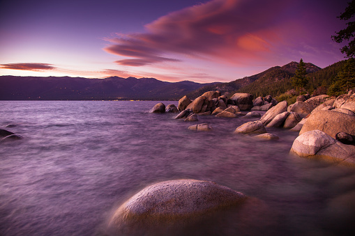 A dramatic sunset in the gorgeous setting of Sand Harbor, on the Nevada side of Lake Tahoe.