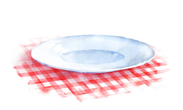 Plate on checkered tablecloth. Hand drawn watercolor illustration of plate on red checkered tablecloth. tablecloth illustrations stock illustrations