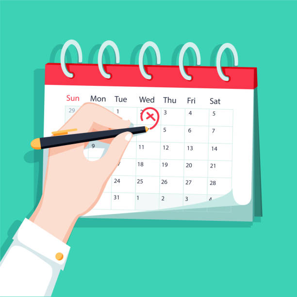 istock Calendar on the wall and hand marking one day on it. Vector illustration. 884072576