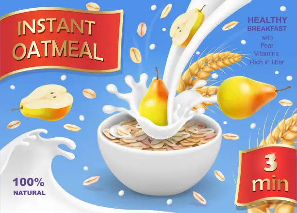 Vector illustration of Instant oatmeal with pear ad Milk flowing into a bowl with grain and pear Vector