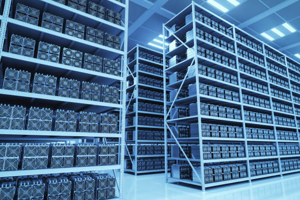 Bitcoin Mining Farm Interior of a cryptocurrency mining farm with ASIC mining rigs. cryptocurrency mining stock pictures, royalty-free photos & images