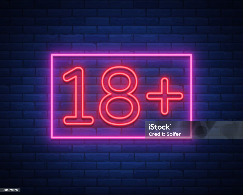 Eighteen plus, age limit, sign in neon style. Only for adults. Night bright neon sign, symbol 18 plus. Vector Illustration Eighteen plus, age limit, sign in neon style. Only for adults. Night bright neon sign, symbol 18 plus. Vector Illustration. 18-19 Years stock vector