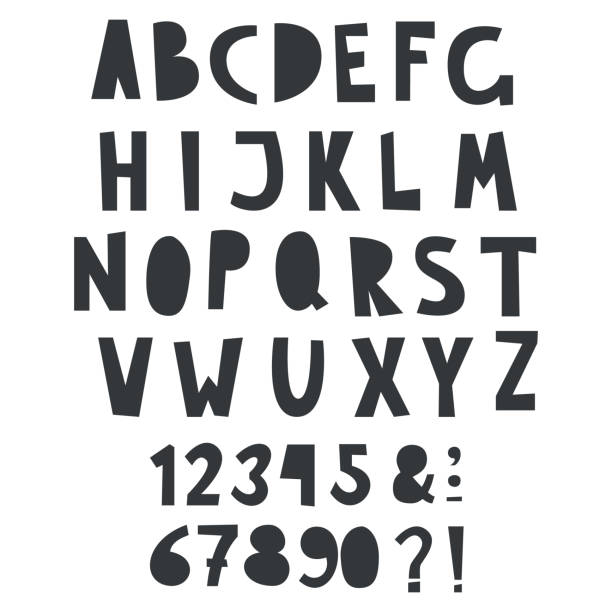 вектор один цвет весело алфавит с номерами для ребенка текст - child letters stock illustrations