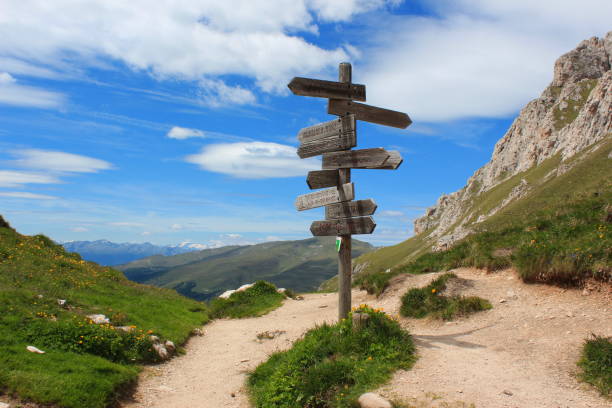 Signpost in the mountain Pütia, Footpath, Direction, South Tyrol mountain trails stock pictures, royalty-free photos & images