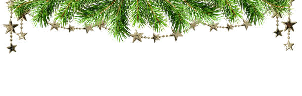 緑の松の小枝と花輪クリスマス国境 - fur trim ストックフォトと画像
