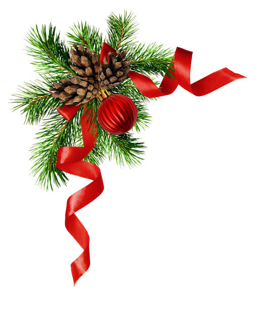 christmas arrangement with pine twigs, cones, ball and red silk ribbon bow - 4609 imagens e fotografias de stock