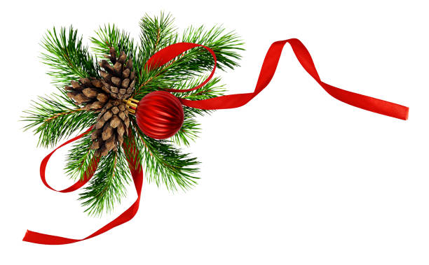 빨간 실크 리본 활, 크리스마스 공, 콘, 소나무 잔 가지와 크리스마스 합의 - 4608 뉴스 사진 이미지