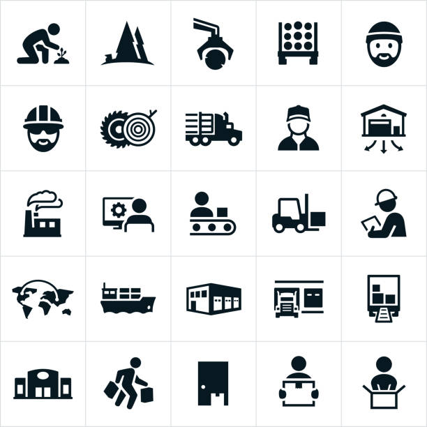 Product Supply Chain Icons A set of icons depicting the product supply chain from raw materials to supplier to manufacturing and shipping and finally to the end user. warehouse icons stock illustrations