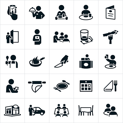An icon set of restaurant dining icons. The icons include wait staff, servers, chef, customers, dining, eating, menu, tip, customer service, food, restaurant, dining table and valet parking to name a few.