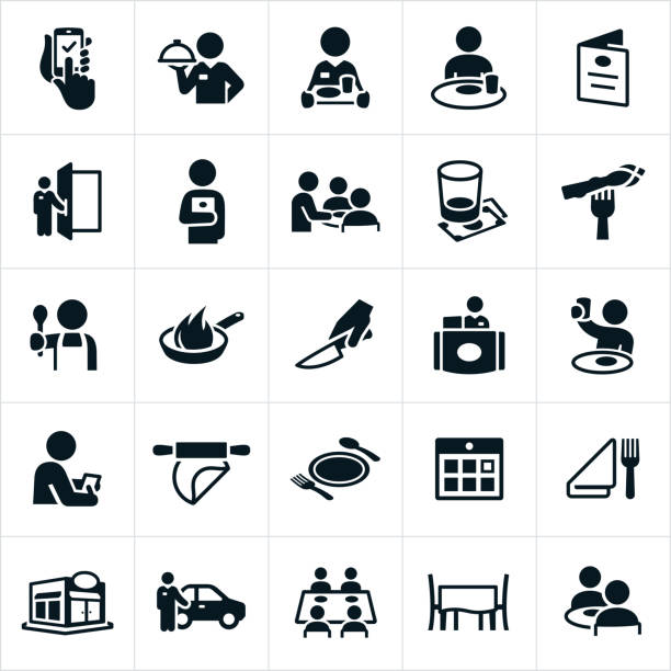 Restaurant and Dining Icons An icon set of restaurant dining icons. The icons include wait staff, servers, chef, customers, dining, eating, menu, tip, customer service, food, restaurant, dining table and valet parking to name a few. chef symbols stock illustrations