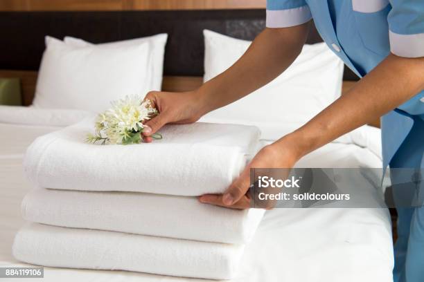 Chambermaid Making Bed Stock Photo - Download Image Now - Hotel, Room Service, Cleaning