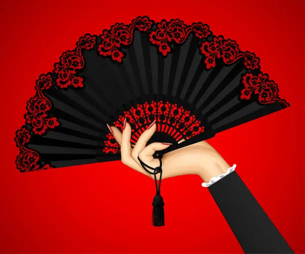 Vector illustration of Female hand with open black vintage fan isolated on red light background