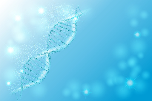 DNA sequence, DNA code structure with glow. Science concept background. Nano technology. Vector illustration, dark blue background with space for text