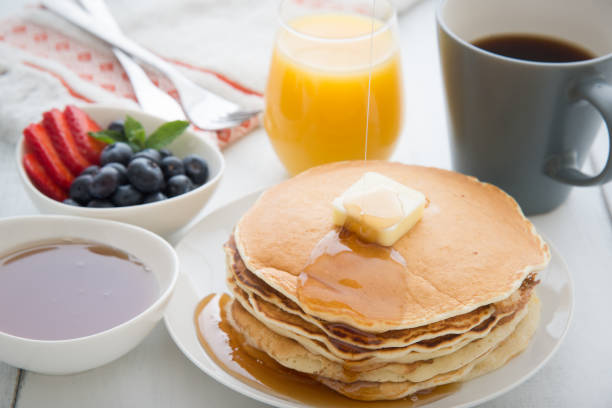 istock breakfast image with pancake, coffee, orange juice 884141194