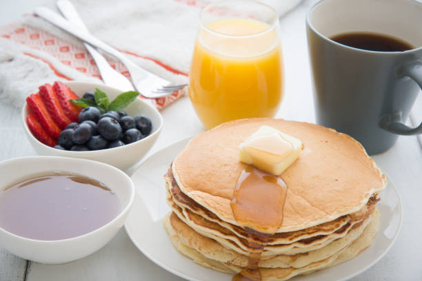 istock breakfast image with pancake, coffee, orange juice 884141310