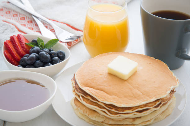 istock breakfast image with pancake, coffee, orange juice 884141584