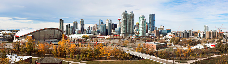 Panoramic cityscape shot of the downtown skyline of Calgary, Alberta, Canada. Multiple files stitched.