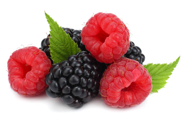 istock blackberries with raspberries and green leaf isolated on white background. macro 884152366