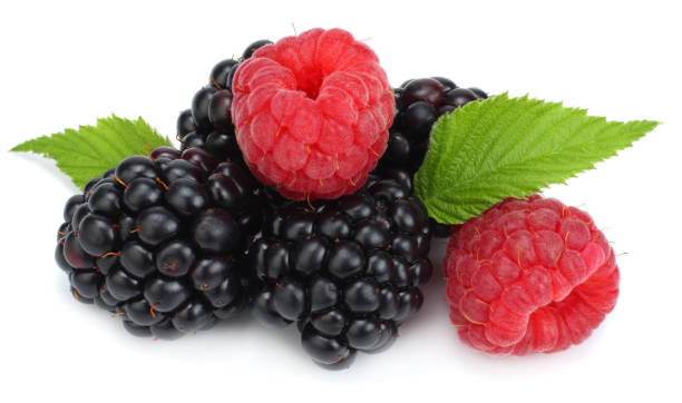 istock blackberries with raspberries and green leaf isolated on white background. macro 884152376