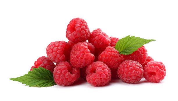 istock ripe raspberries with green leaf isolated on white background macro 884158120