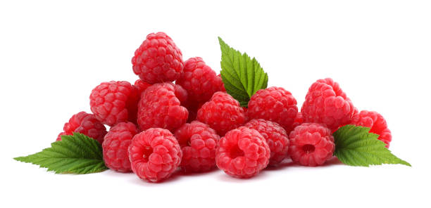 istock ripe raspberries with green leaf isolated on white background macro 884158128