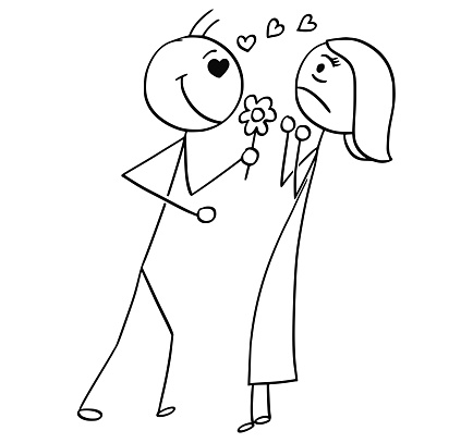 Cartoon stick man drawing illustration of woman resisting the love confession declaration from man with flower and heart symbols above.