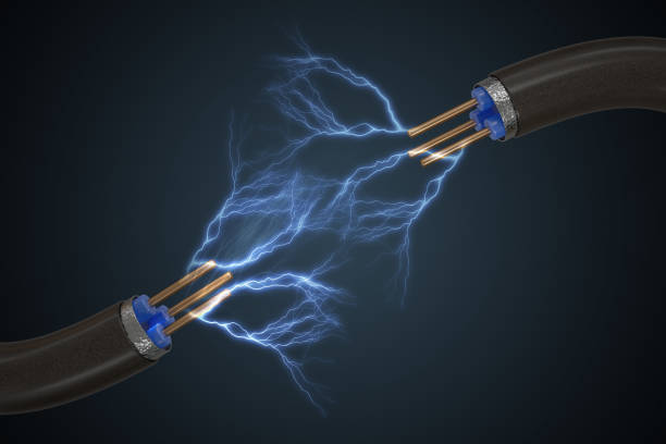 istock High voltage concept. Electricity sparkles from cable. 3D rendered illustration. 884191062
