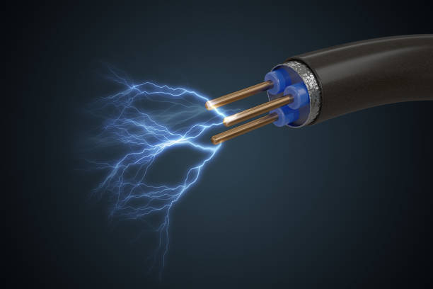 istock High voltage concept. Electricity sparkles from cable. 3D rendered illustration. 884191104