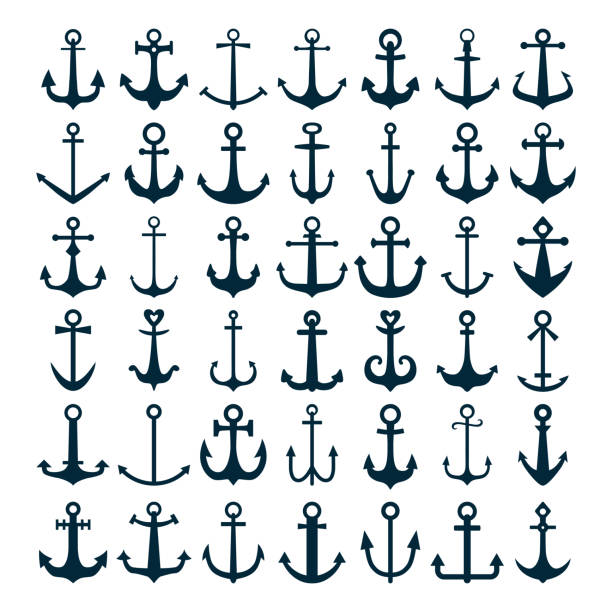 ilustrações de stock, clip art, desenhos animados e ícones de set of anchor icons isolated on a white background, for marine tattoo or symbol. vector illustration - equipamento náutico