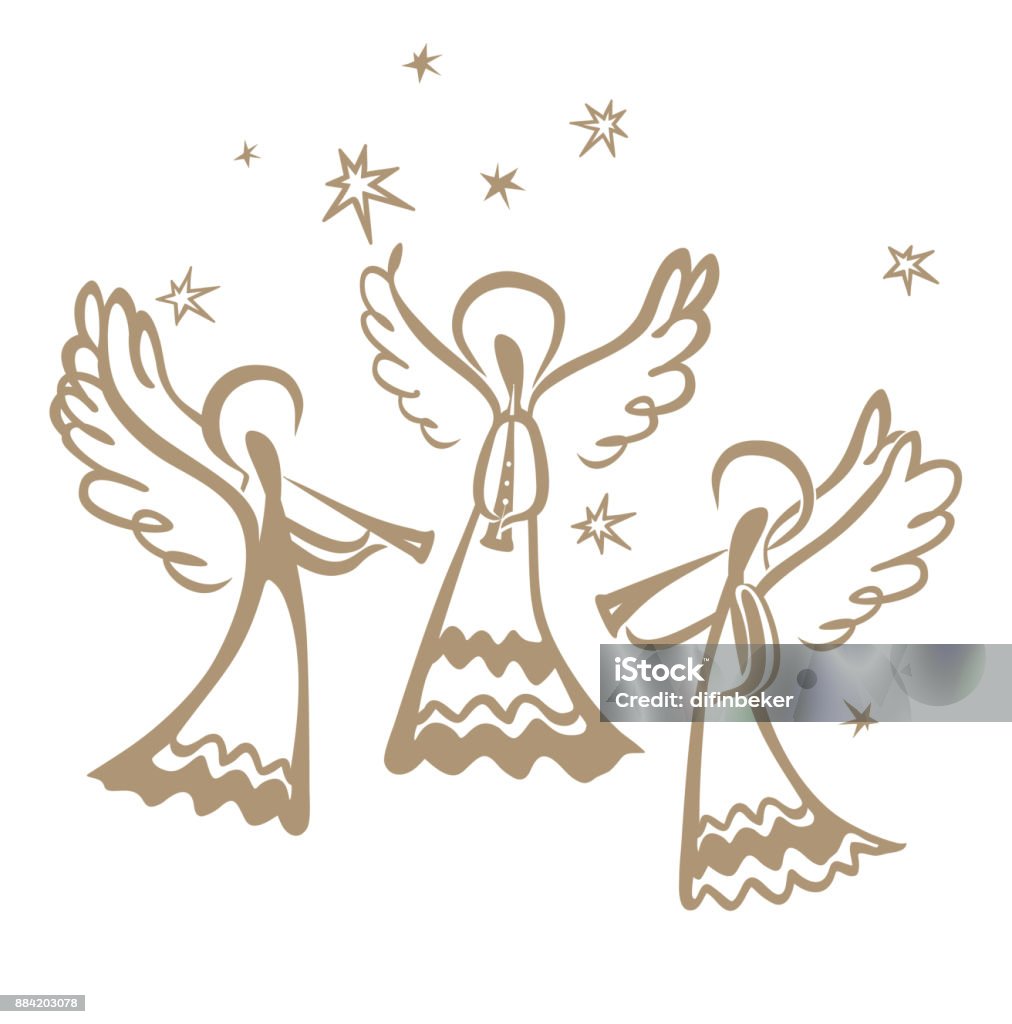 Drie engelen spelen op bazuinen tussen de sterren. - Royalty-free Engel vectorkunst