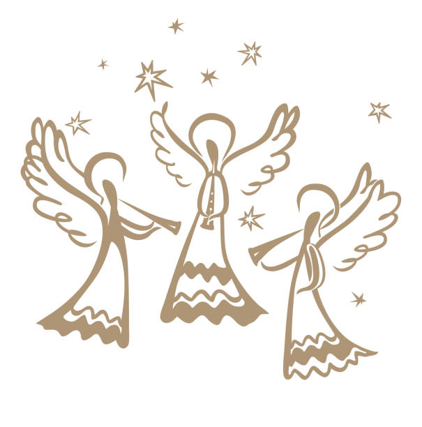 stockillustraties, clipart, cartoons en iconen met drie engelen spelen op bazuinen tussen de sterren. - kerstengel