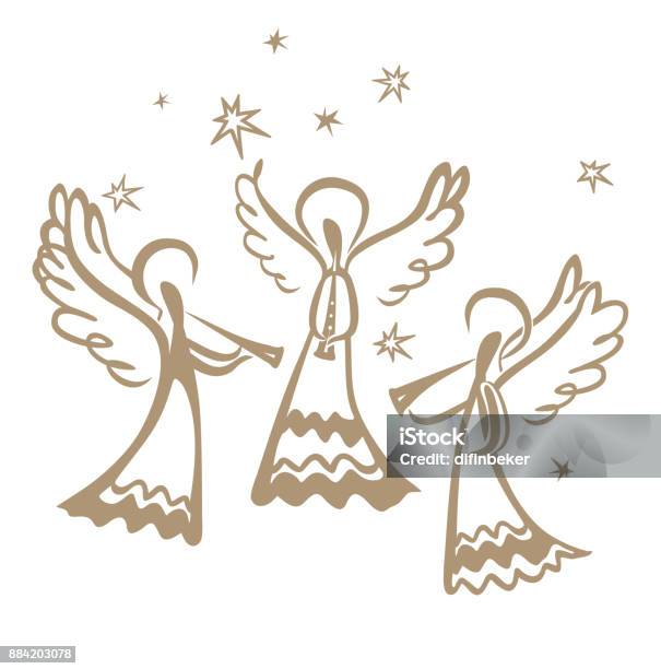 Drie Engelen Spelen Op Bazuinen Tussen De Sterren Stockvectorkunst en meer beelden van Engel - Engel, Kerstmis, Geloof