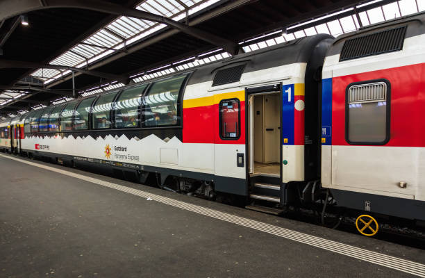 Zurich, Switzerland, 26 January, 2017: railroad cars of the Gotthard Panorama Express train at a platform of the Zurich main railway station. Zurich main station is the largest railway station in Switzerland.