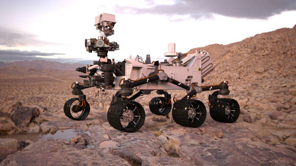 mars rover, roboter autonom raumfahrzeug auf einem verlassenen planeten mit wasser, 3d illustration - unbemanntes raumschiff stock-fotos und bilder