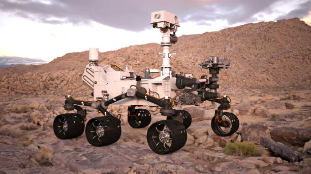 istock Mars Rover, robotic space autonomous vehicle on a deserted planet, side view, 3D illustration 884220574