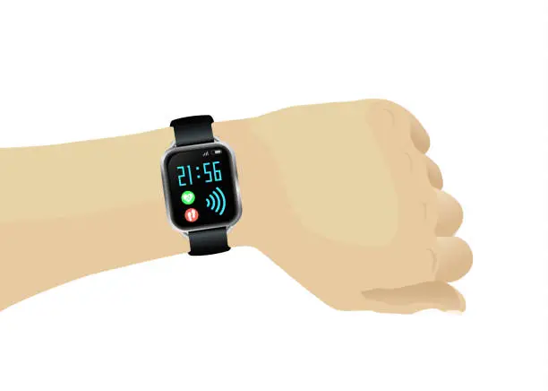 Vector illustration of Human hand with wireless smartwatch with time, pulse, steps, wifi.