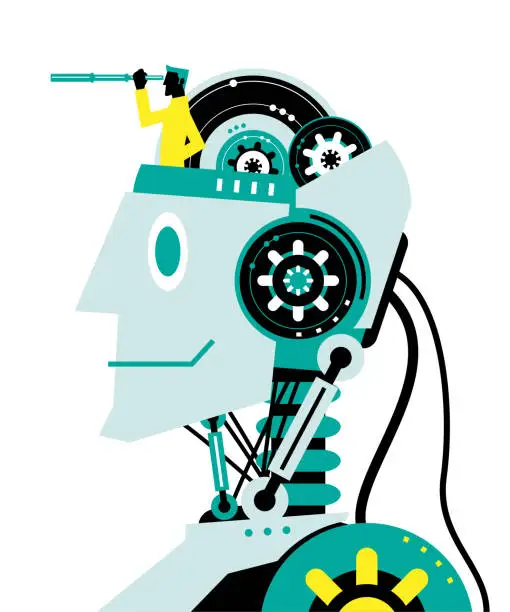 Vector illustration of Engineer (Businessman) with hand-held telescope on robot head, side view, Partnership, Artificial intelligence to benefit people and society