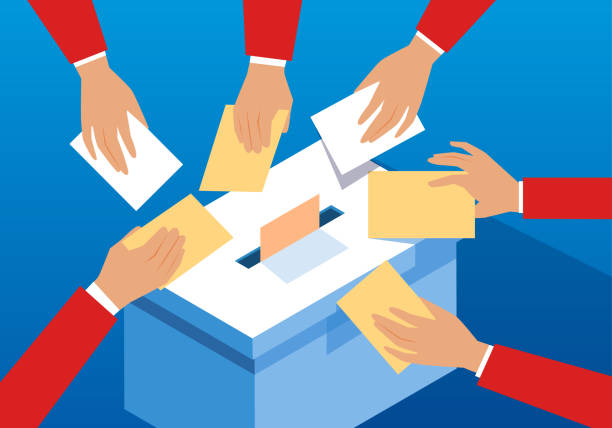 ilustraciones, imágenes clip art, dibujos animados e iconos de stock de manos de votación y urnas - voting election ballot box box