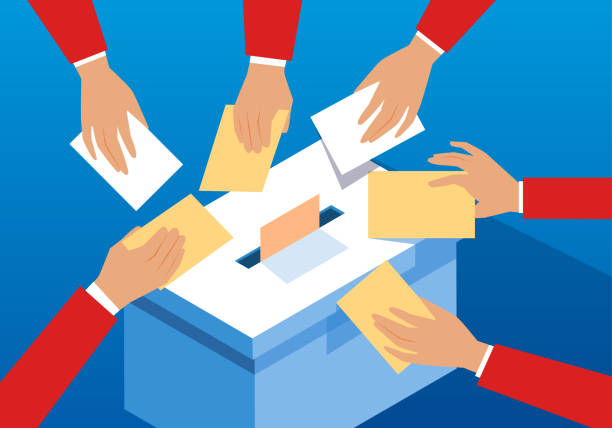 Voting hands and ballot box Voting hands and ballot box suggestion box stock illustrations