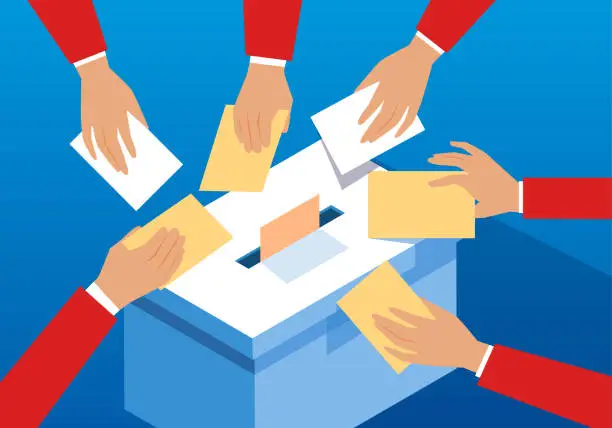 Vector illustration of Voting hands and ballot box
