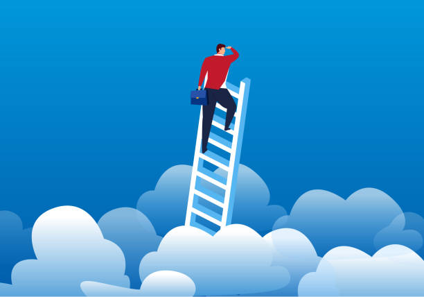 illustrazioni stock, clip art, cartoni animati e icone di tendenza di uomo d'affari salì le nuvole per vedere la distanza - ideas concepts ladder cloud