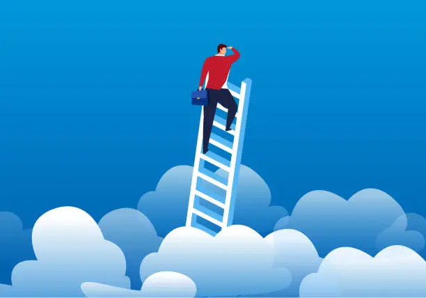 Vector illustration of Businessman climbed the clouds to see the distance