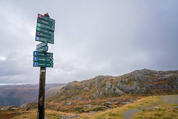 istock Wooden mountain pole trails and paths directions 884246072