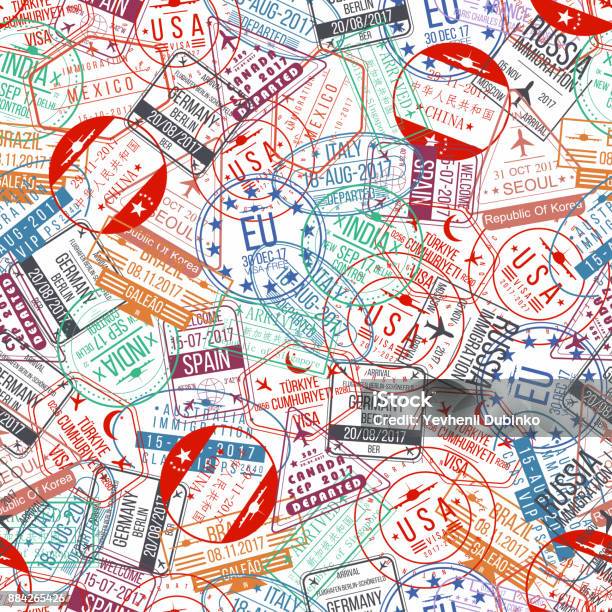 Passport Stamp Seamless Pattern International Arrivals Sign Rubber Visa Airport Stamps And Watermarks Stock Illustration - Download Image Now