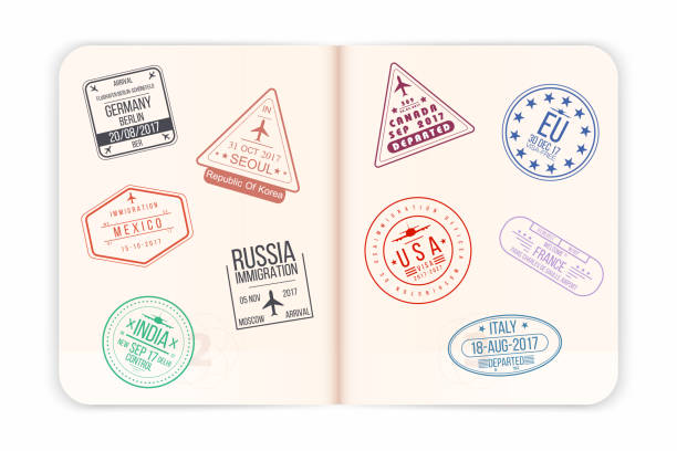 ilustraciones, imágenes clip art, dibujos animados e iconos de stock de pasaporte con sellos de visa de vector. páginas de pasaporte abierto con sellos de visa de aeropuerto y marcas de agua. documento internacional realista - passport watermark pattern backgrounds