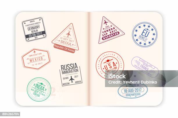 Vector Passport With Visa Stamps Open Passport Pages With Airport Visa Stamps And Watermarks Realistic International Document Stock Illustration - Download Image Now