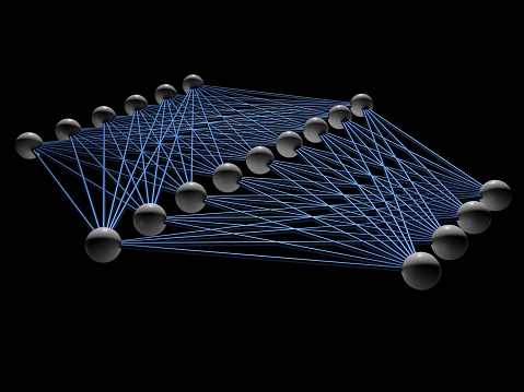 Artificial neural network structure model isolated on black, 3d render illustration