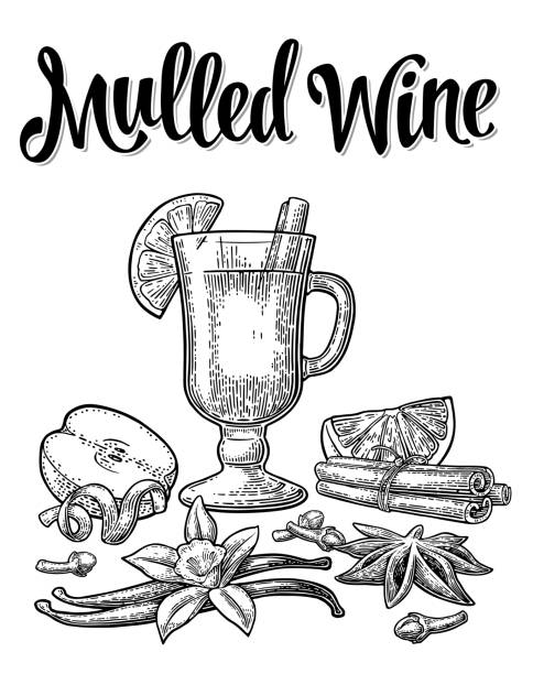 ilustrações de stock, clip art, desenhos animados e ícones de mulled wine with glass and ingredients. vector black vintage engraving - dried apple