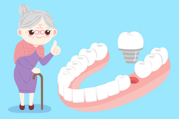 woman with implants tooth old woman with implants tooth on the blue bakcground cute cartoon dental implants stock illustrations